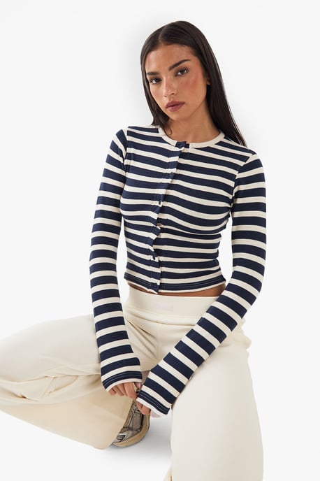 DSGN Studio Stripe Button Detail Long Sleeve Top - Image 1