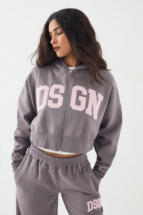 DSGN Studio Cord Applique Boxy Crop Zip Through Hoodie - Image 1