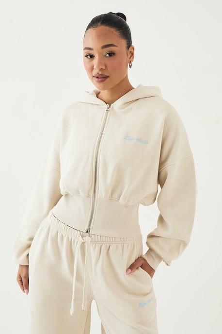 DSGN Studio Script Embroidered Cinched Deep Hem Zip Through Hoodie - Image 1