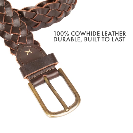 Men's Genuine Leather Braided Woven Belt 1.5" Width in Brown - Image 3