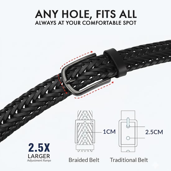 Men's Genuine Leather Braided Woven Belt 1.5" Width in Black - Image 5