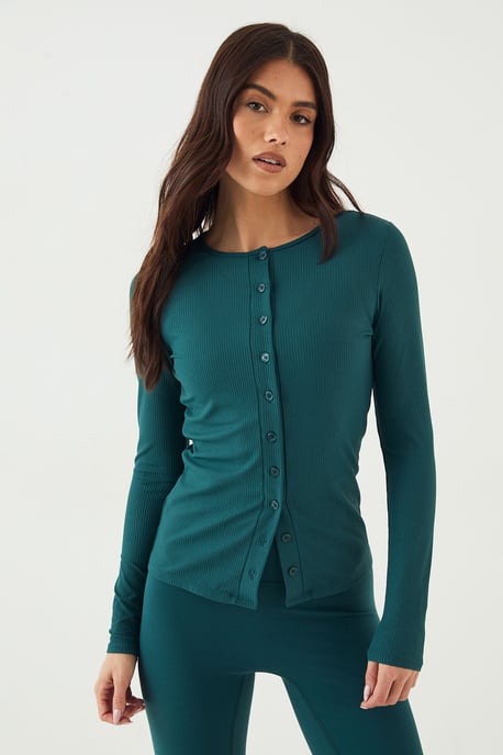 DSGN Studio Sculpt Rib Button Through Long Sleeve Top - Image 1
