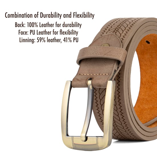 Men’s Leather Lined Belt, Engraved, Brass Buckle, 1.25″ in Beige - Image 3
