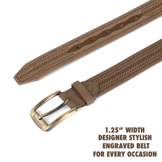 Men’s Leather Lined Belt, Engraved, Brass Buckle, 1.25″ in Beige - Image 4