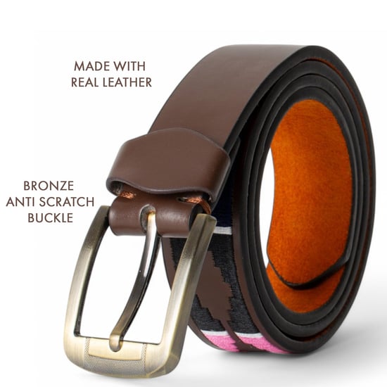 Men’s Polo Leather Belt with Colourful Embroidered Stitching in Pink - Image 3