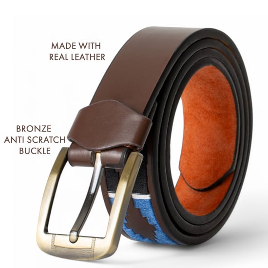 Men’s Polo Leather Belt with Colourful Embroidered Stitching in Navy - Image 3