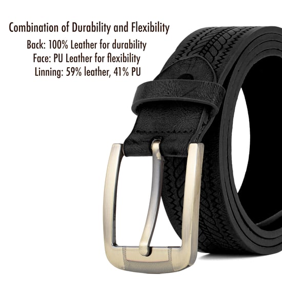 Men’s Leather Lined Belt, Engraved, Brass Buckle, 1.25″ in Black - Image 3