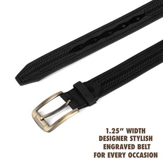 Men’s Leather Lined Belt, Engraved, Brass Buckle, 1.25″ in Black - Image 4