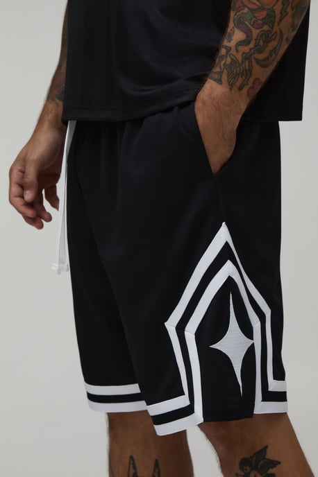 Mid Length Mesh Tape Detail Basketball Shorts - Image 3