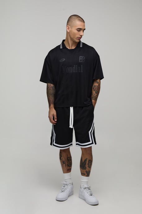 Mid Length Mesh Tape Detail Basketball Shorts - Image 4