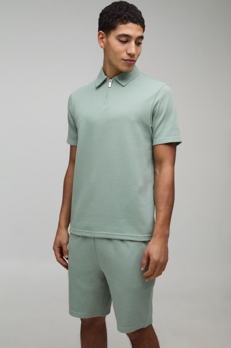 Slim Fit Waffle Zip Neck Polo & Shorts Set - Image 1