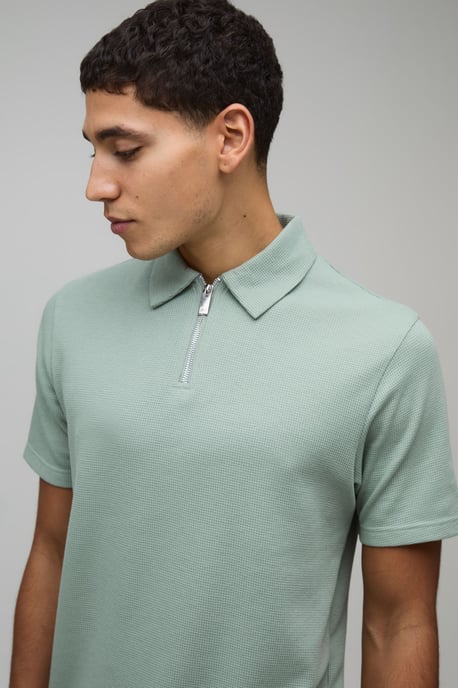 Slim Fit Waffle Zip Neck Polo & Shorts Set - Image 3