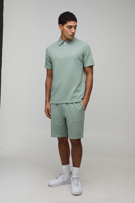 Slim Fit Waffle Zip Neck Polo & Shorts Set - Image 4