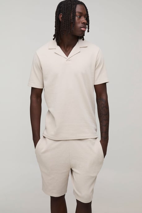 Slim Fit Waffle Revere Polo & Shorts Set - Image 1