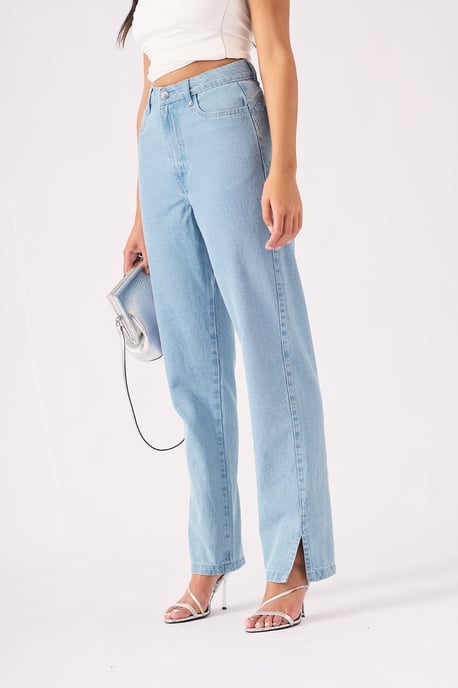 Womens Straight Leg Split Hem Jeans Light Blue Wash - Image 2