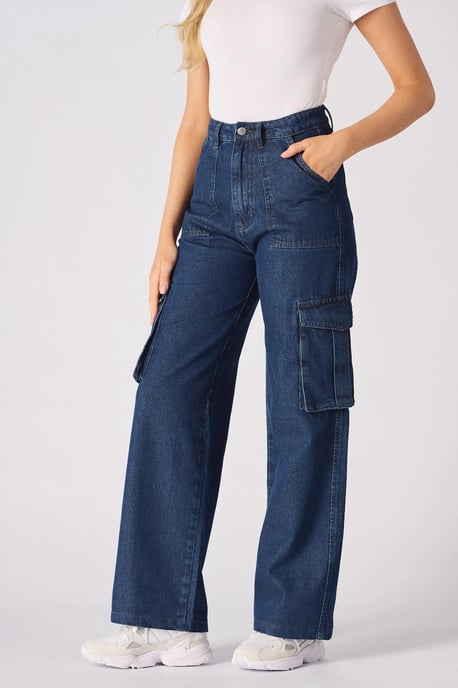 Womens High Waisted Wide Leg Cargo Blue Jeans - Image 1