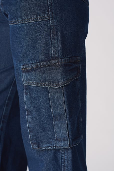 Womens High Waisted Wide Leg Cargo Blue Jeans - Image 3