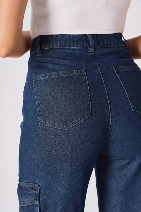 Womens High Waisted Wide Leg Cargo Blue Jeans - Image 4