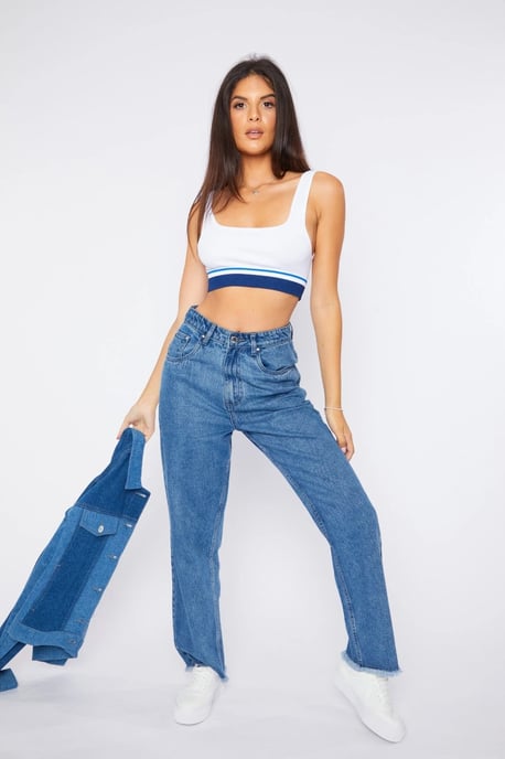 Womens High Rise Straight Leg Frayed Hem Jeans Stone Blue - Image 3