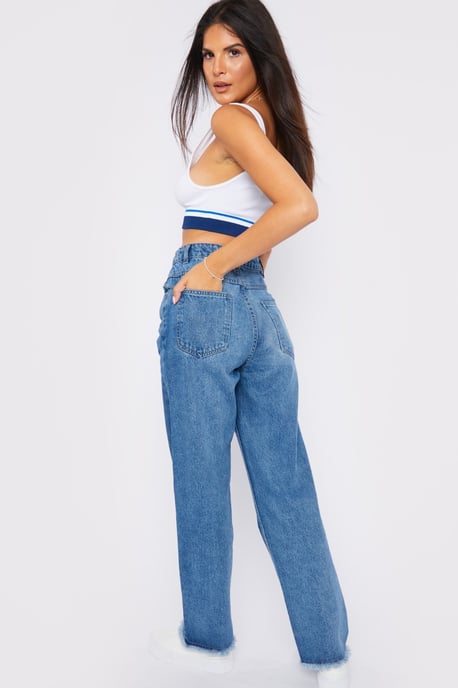 Womens High Rise Straight Leg Frayed Hem Jeans Stone Blue - Image 4