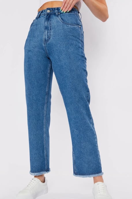 Womens High Rise Straight Leg Frayed Hem Jeans Stone Blue - Image 5