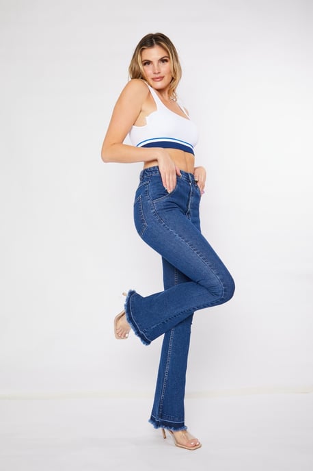 Womens High Waisted Frayed Hem Flare Jeans Mid Blue - Image 4