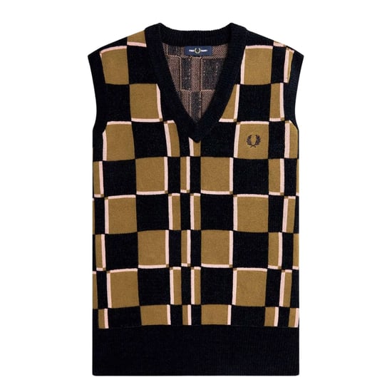 Fred Perry Navy Glitch Chequerboard Shaded Stone Knitted Tank - Image 1