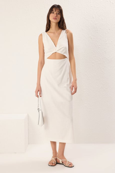 Ecrukleurige, rechte, mouwloze midi-jurk voor dames, geschikt voor dagelijks gebruik. - Image 1