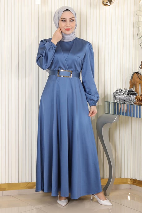 Met riem Satijn Avondjurk Blauw - Image 2