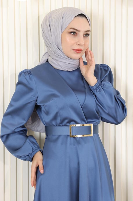 Met riem Satijn Avondjurk Blauw - Image 4