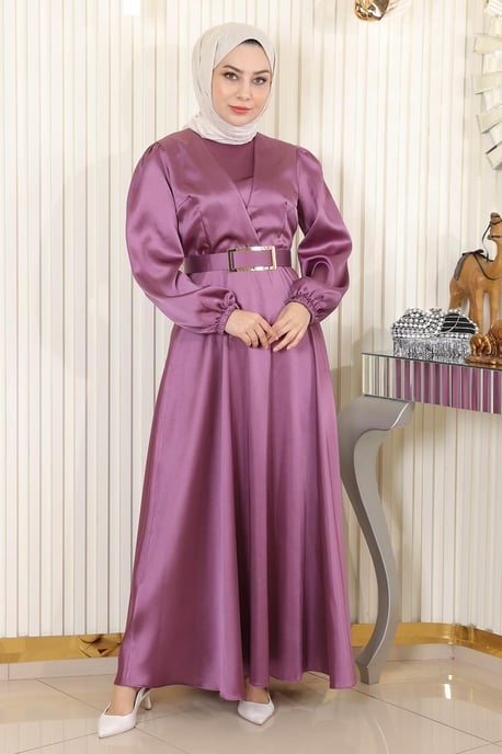Med bälte Satin Aftonklänning Dammig rosa - Image 1