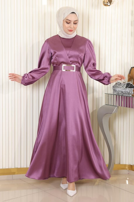 Med bälte Satin Aftonklänning Dammig rosa - Image 2