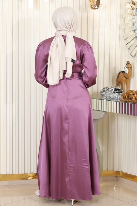 Med bälte Satin Aftonklänning Dammig rosa - Image 3