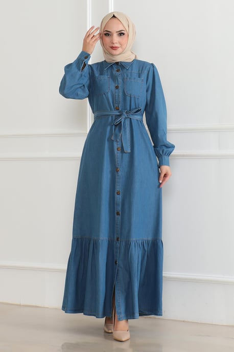 Ruche Detailed Denim Jurk Lichtblauw - Image 1