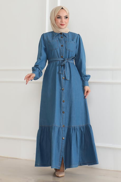 Ruche Detailed Denim Jurk Lichtblauw - Image 2