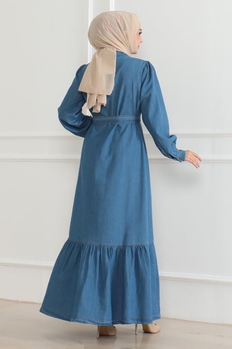 Ruche Detailed Denim Jurk Lichtblauw - Image 3