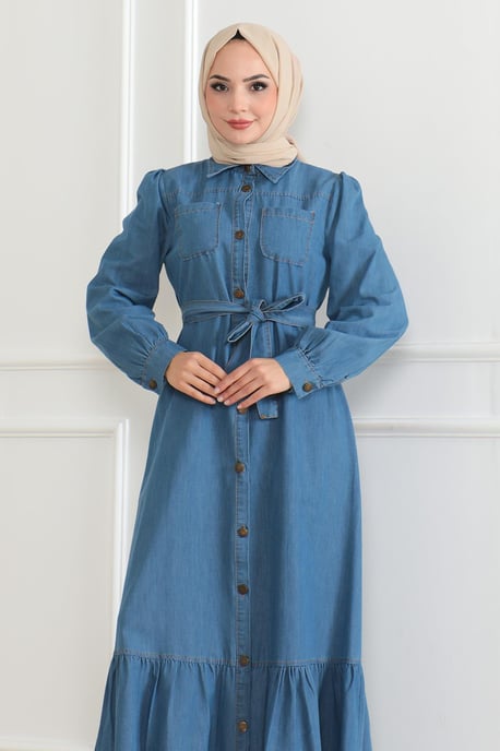 Ruche Detailed Denim Jurk Lichtblauw - Image 4