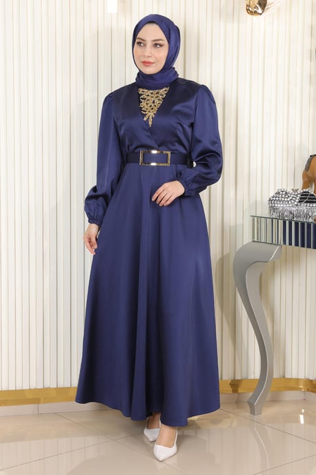 Sten Detailed Satin Aftonklänning Indigo - Image 1
