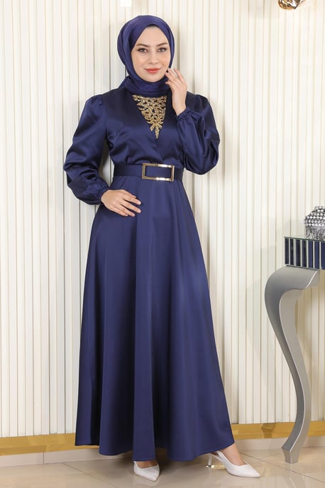 Sten Detailed Satin Aftonklänning Indigo - Image 2