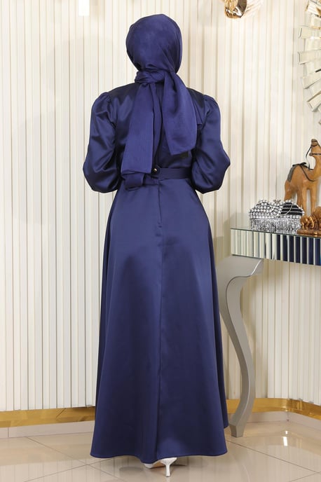 Sten Detailed Satin Aftonklänning Indigo - Image 3