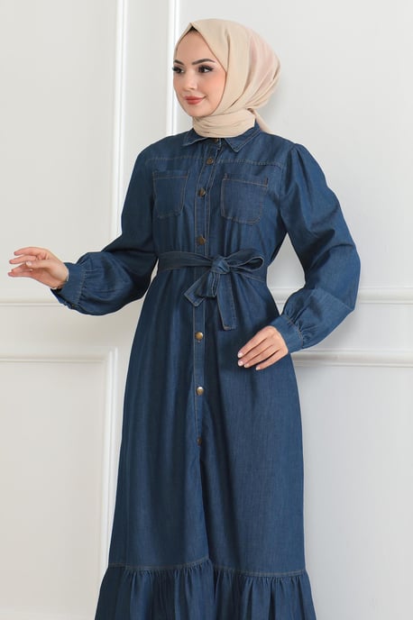 Volang Detailed Denim Klänning Mörkblå - Image 4