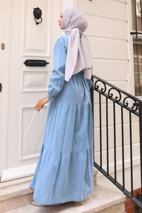 Knäppt Layered Denim Klänning Ljusblå - Image 3