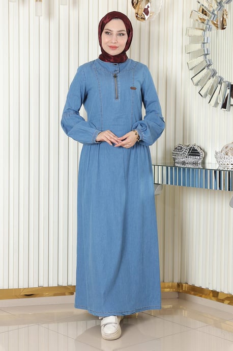 Blixtlås Detailed Denim Klänning Ljusblå - Image 2