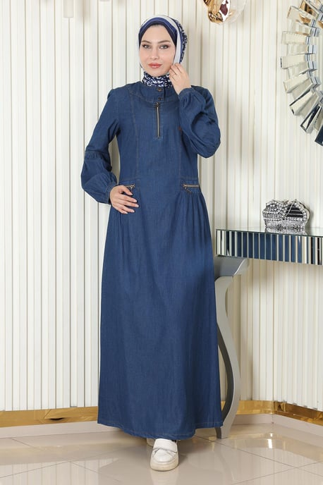 Blixtlås Detailed Denim Klänning Mörkblå - Image 2