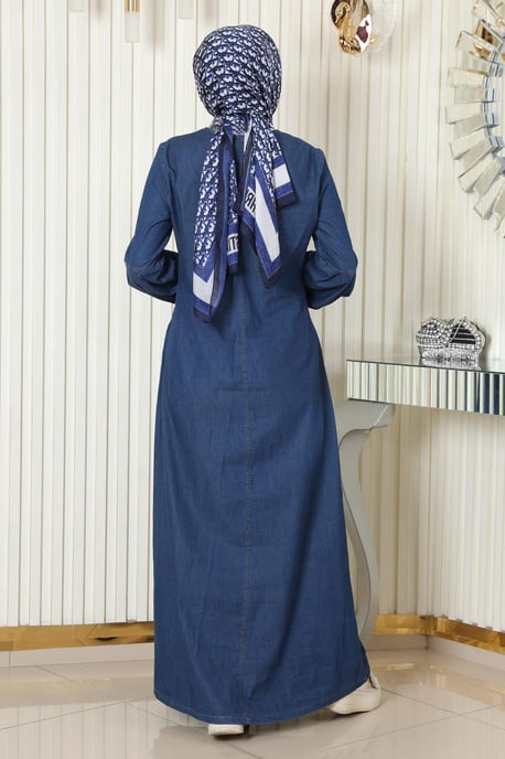 Blixtlås Detailed Denim Klänning Mörkblå - Image 3
