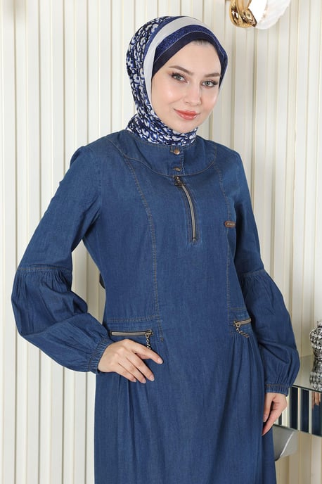 Blixtlås Detailed Denim Klänning Mörkblå - Image 4