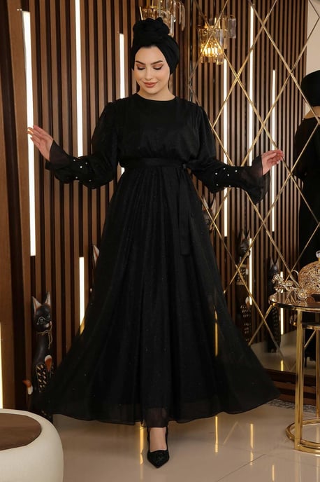 Steen Detailed Glitterend Chiffon Avondjurk Zwart - Image 2