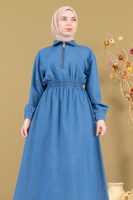 Med blixtlås Elastisk midja Denim Klänning Ljusblå - Image 4