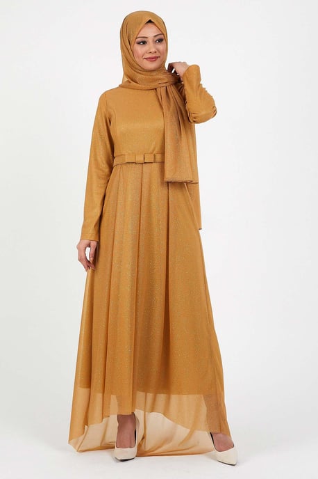 Glittrande Veckad Aftonklänning Brun-beige - Image 2