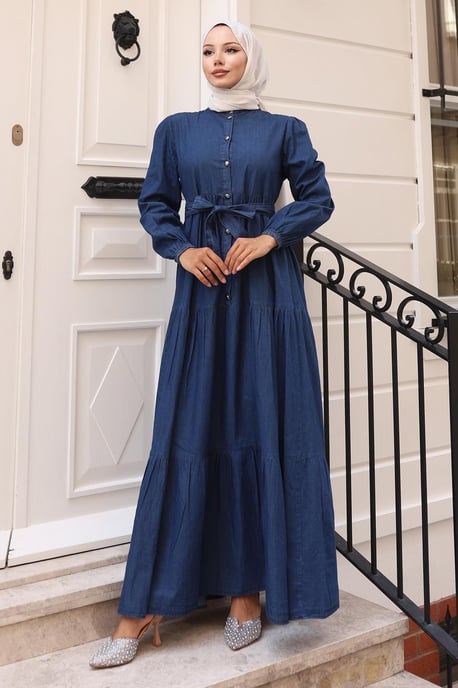 Knäppt Layered Denim Klänning Mörkblå - Image 2